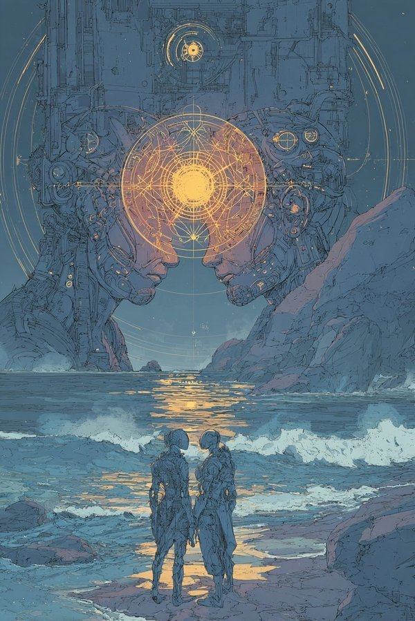 Two figures stand hand in hand in the sea before a bay, a great glowing mandala hanging in the sky like a second sun.