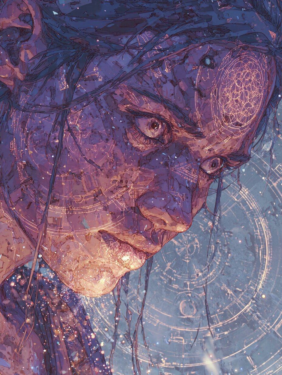 A close view of a young woman's face looking down, a glowing circular pattern on her forehead and fine rings of light drawn around her.