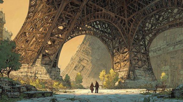 Two small figures walk beneath the vast iron arches of the Eiffel Tower in golden light.