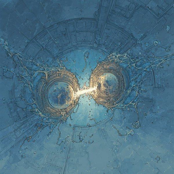 Two rings of light in the dark water drawn toward each other, a bright thread joining them where they touch.