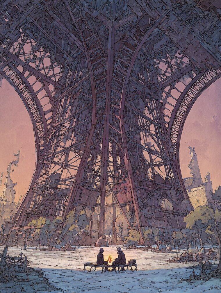 Two people sit facing each other on benches with a small light between them, under the vast iron legs of the Eiffel Tower at dusk.