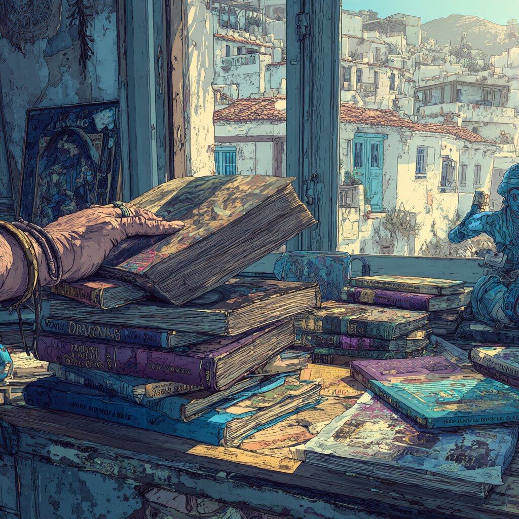 A hand ringed with bracelets rests on a thick old book atop stacks of worn volumes at an open window, whitewashed houses with red roofs and blue shutters outside.