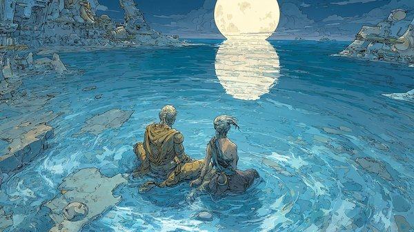 Two figures sit side by side in the shallow sea, the full moon laying a path of light across the water toward them.