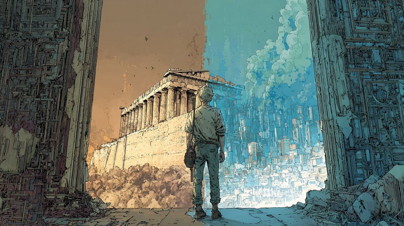A young man seen from behind stands between two ruined walls, looking at a columned temple on a rock with a blue modern city spread out beyond it.