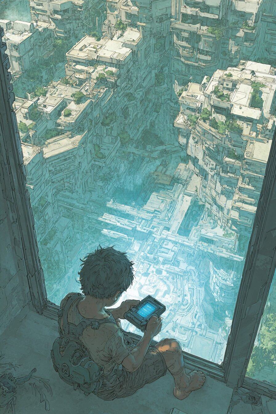 A boy sits at a high window with a glowing handheld game, white terraced buildings dropping away to turquoise water far below.