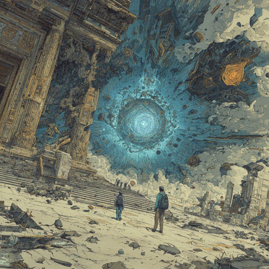 Two travelers with backpacks stand in rubble before a columned ruin, looking up at a blue whirlpool of light opening in a sky full of flying debris.
