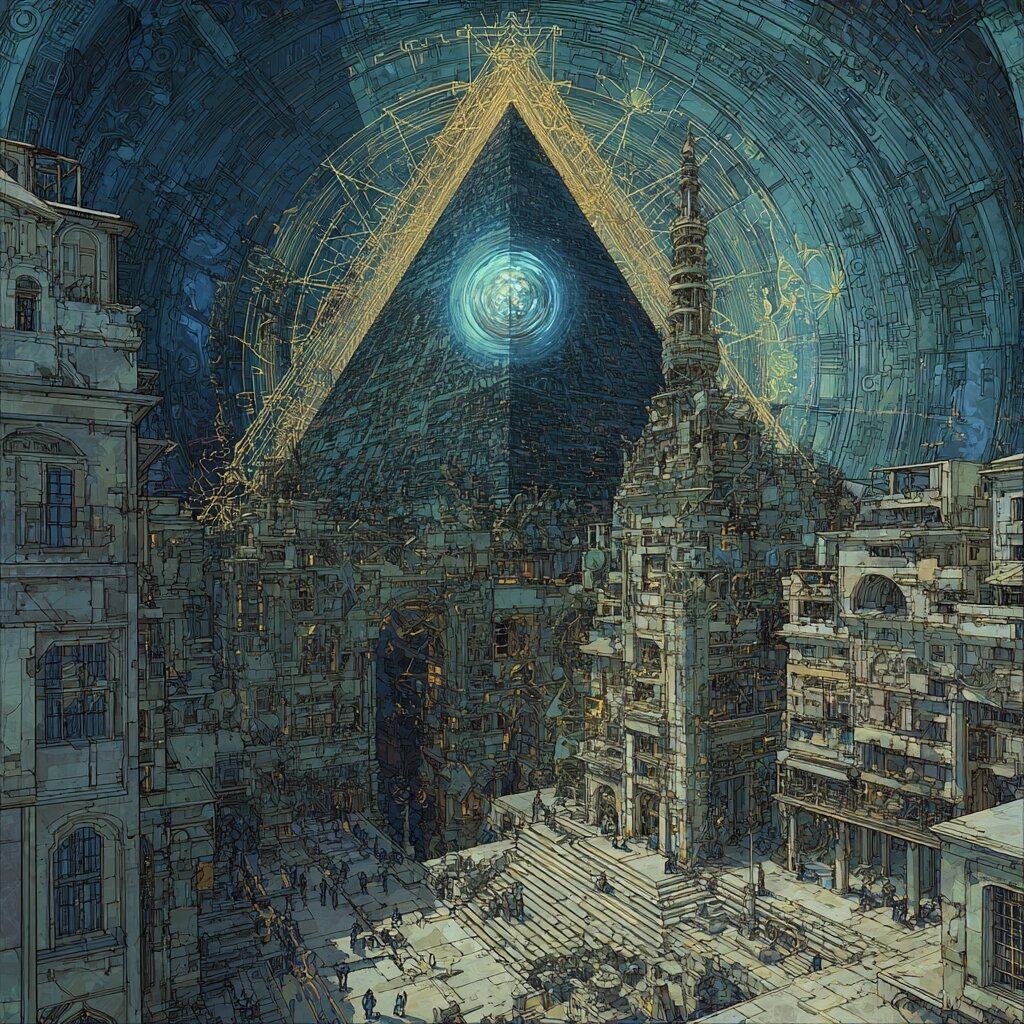 A dark pyramid edged in gold lines rises over a crowded old city square, a pale blue orb glowing at its heart under a domed sky.