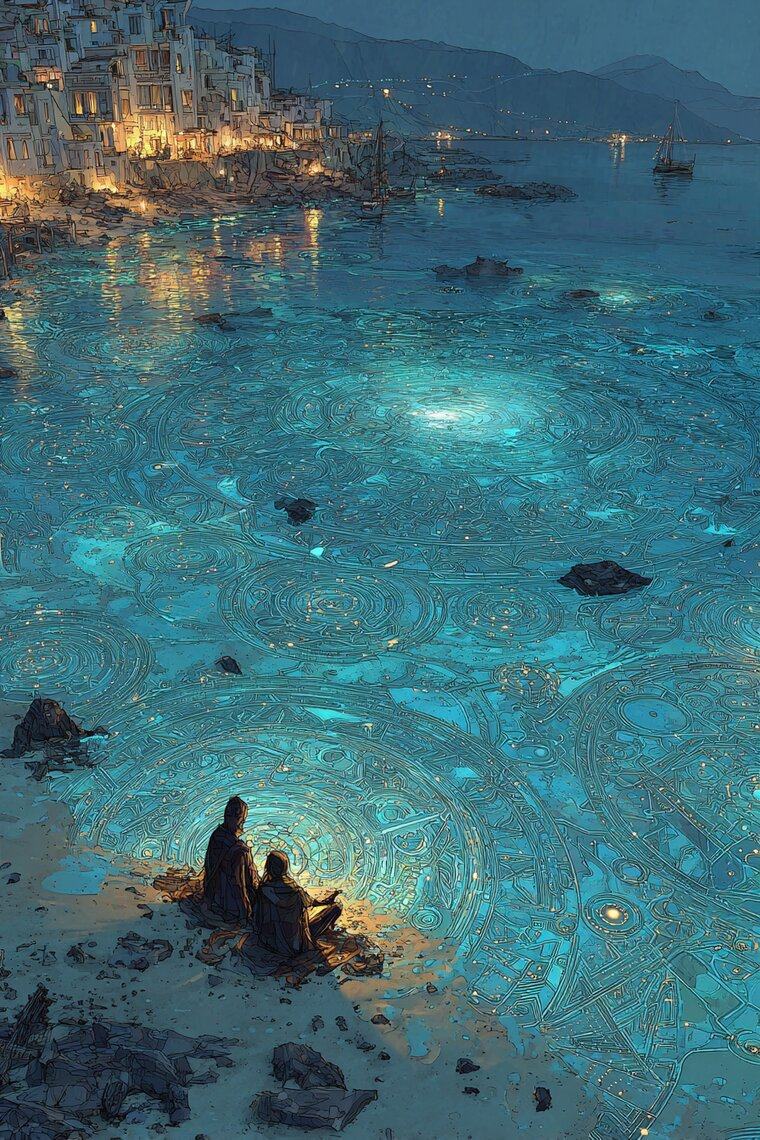 Two figures sit close on a dark shore while the sea before them glows turquoise, rings of light turning in the water like mandalas, a village lit on the far headland.