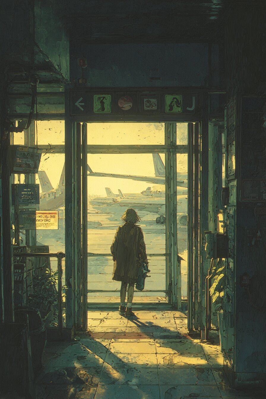 A young woman with a bag stands in the open glass doors of an airport terminal, looking out at planes on the sunlit tarmac.