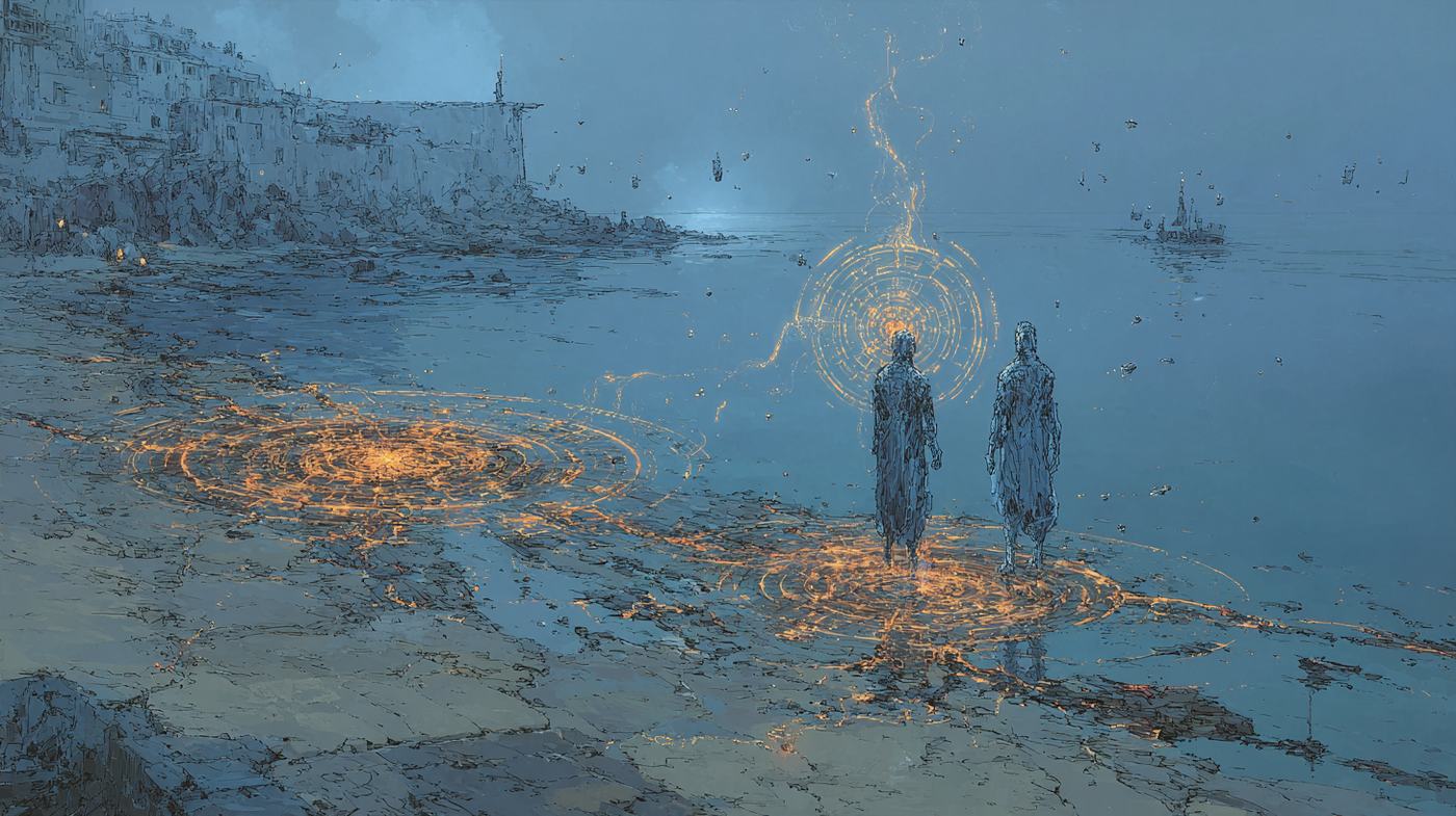 Two figures stand facing the sea on a Greek beach at dusk, a column of golden light rising between them, sparks of it scattered across the wet sand.