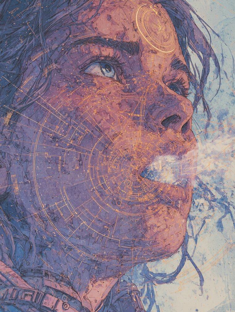 A young woman's face turned upward as she speaks, her skin lit with fine patterns of light.