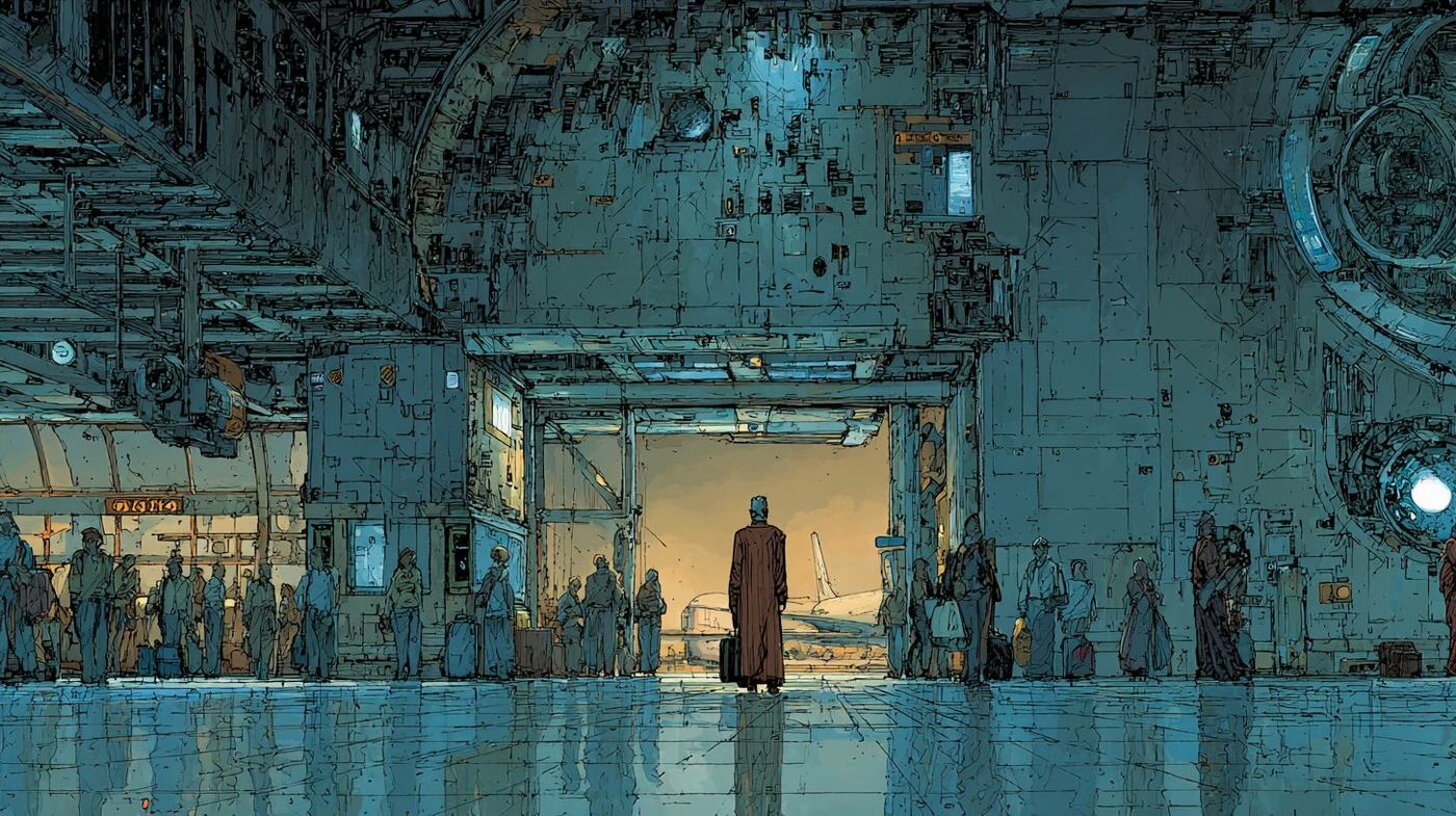A tall robed figure with a suitcase stands in the bright doorway of a vast blue terminal hall, travelers lined along the walls and a plane on the tarmac outside.