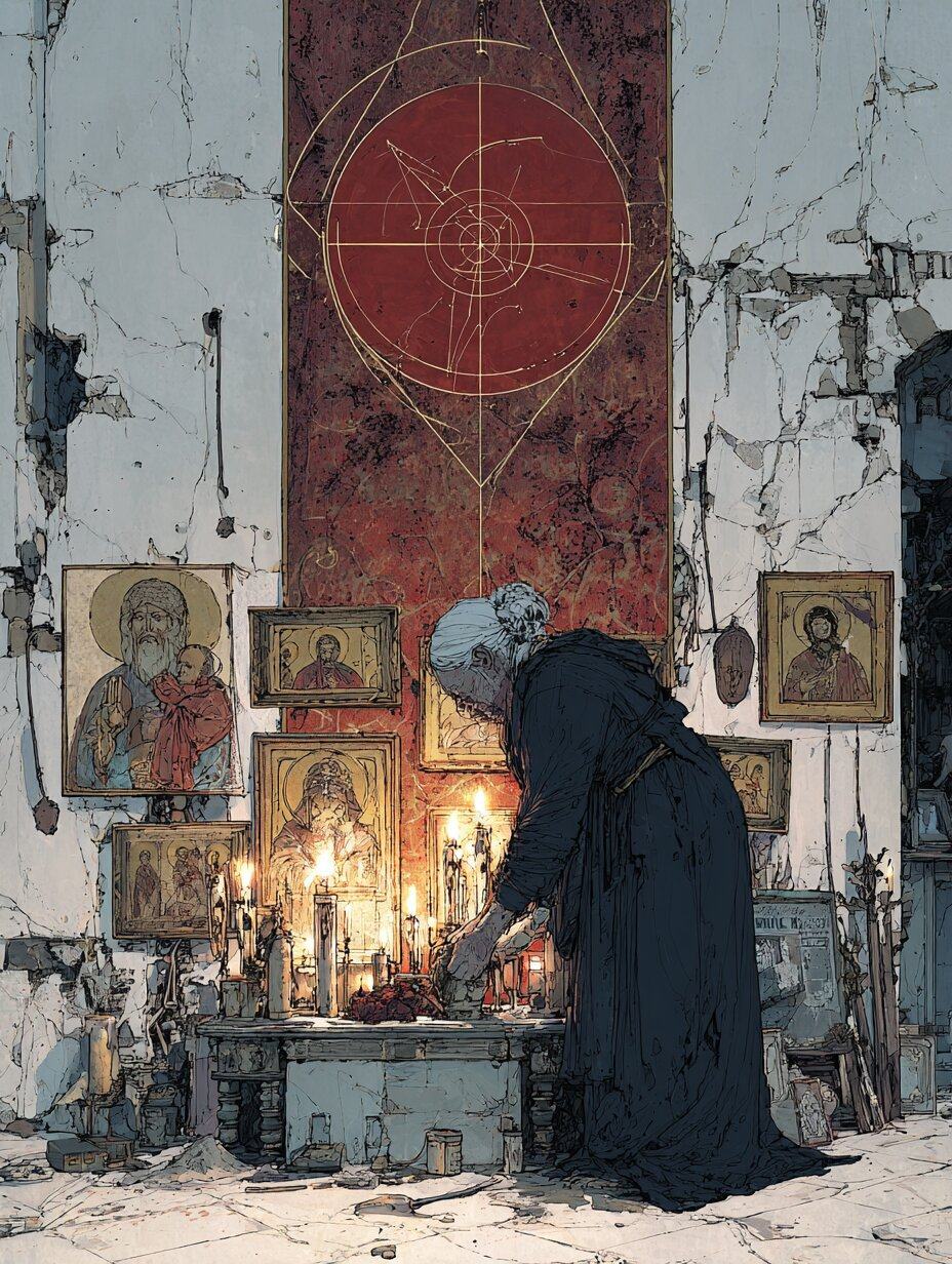 An old woman in black bends to light candles at a small altar crowded with gilded icons, a red hanging with a gold circle on the cracked white wall above.