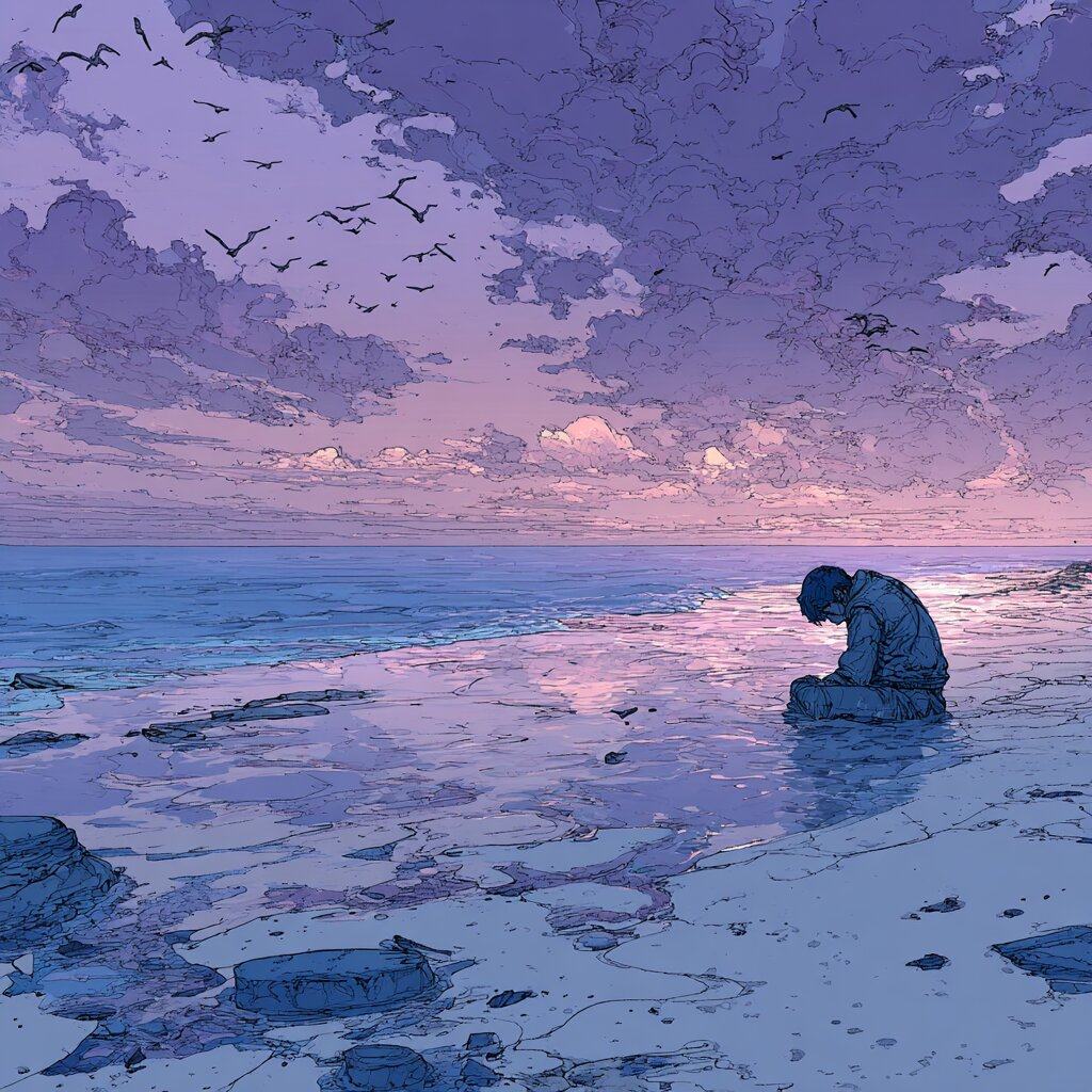 A lone figure sits hunched on a wet beach at dawn, birds crossing a violet sky above a calm sea.