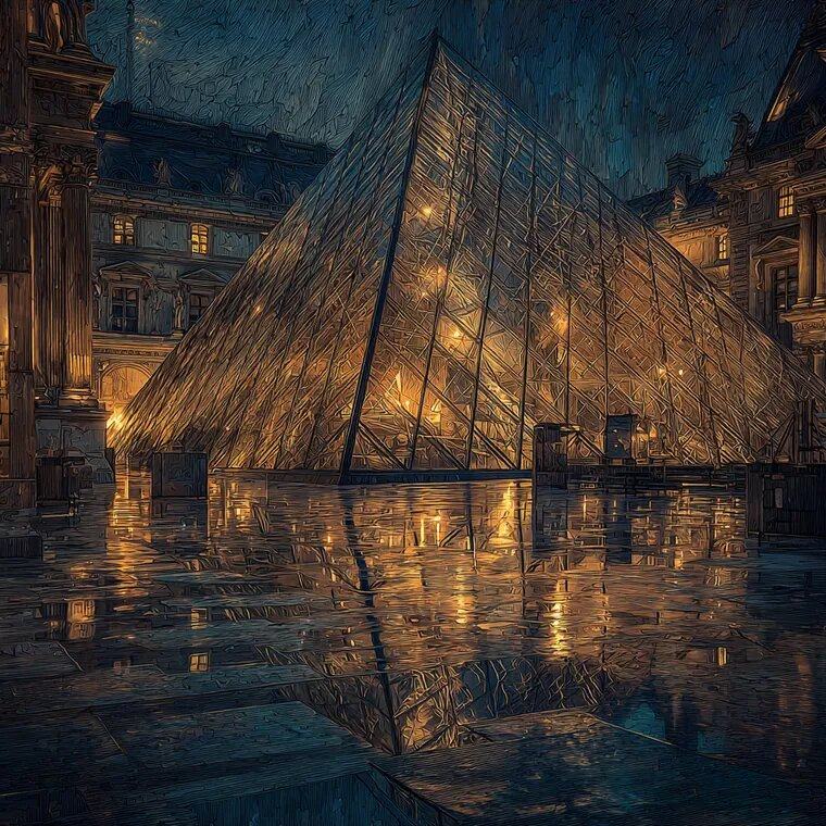 A glass pyramid lit from within stands in a palace courtyard at night, its lights reflected in the wet paving.