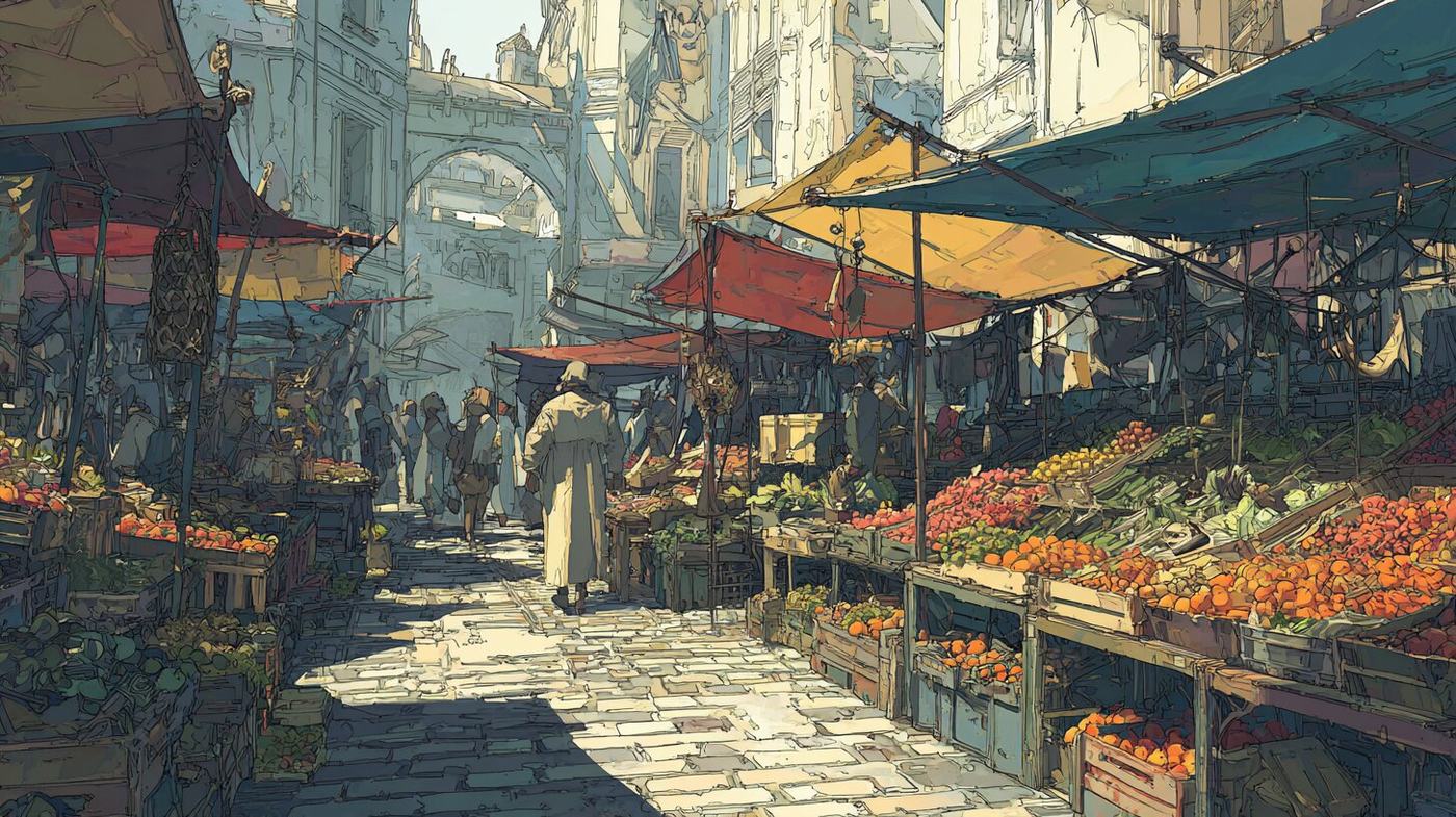 A cobbled market street lined with fruit and vegetable stalls under coloured awnings, a robed figure walking toward a stone arch.