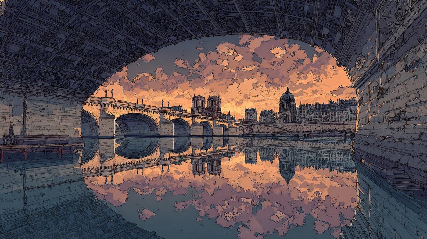 Seen from under the dark arch of a bridge, a river at sunset mirrors pink clouds, a stone bridge and the towers and dome of the city.