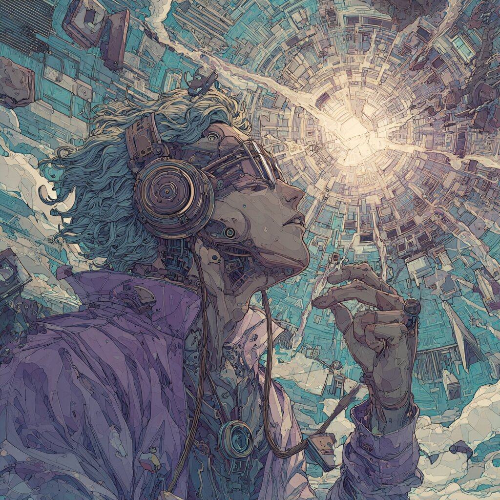 A figure with wavy hair, big headphones and goggles looks up with one hand raised as the blocks of a city burst outward around a white light.