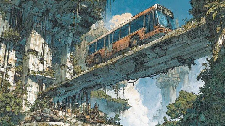 A rust coloured bus crosses a crumbling overgrown bridge high among ruined towers, clouds and hanging islands behind it.