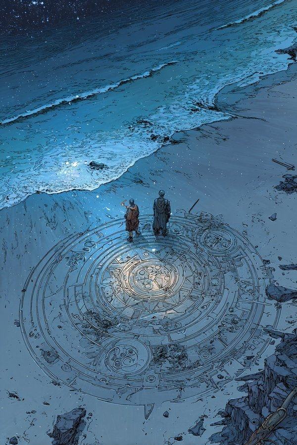 Seen from above at night: two figures on a dark beach, a wide ring of pale light drawn in the sand around them, the surf at the edge.