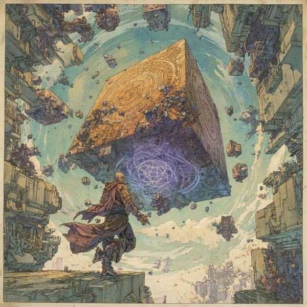 A robed figure stands beneath a huge golden pyramid floating point down among drifting stones.