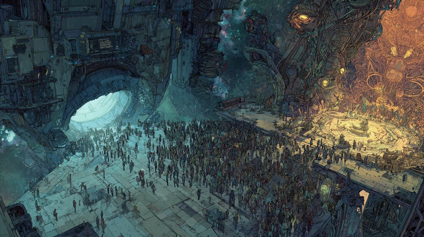 Seen from above, a great crowd fills a stone plaza inside a vast dark structure, between a tunnel mouth glowing blue and a round platform lit gold.