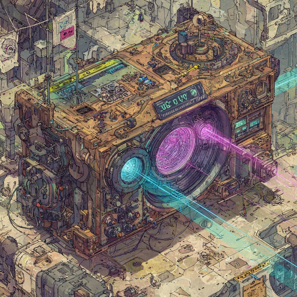 A large boxy machine covered in dials and speakers fires beams of pink and cyan light across a cluttered city block.