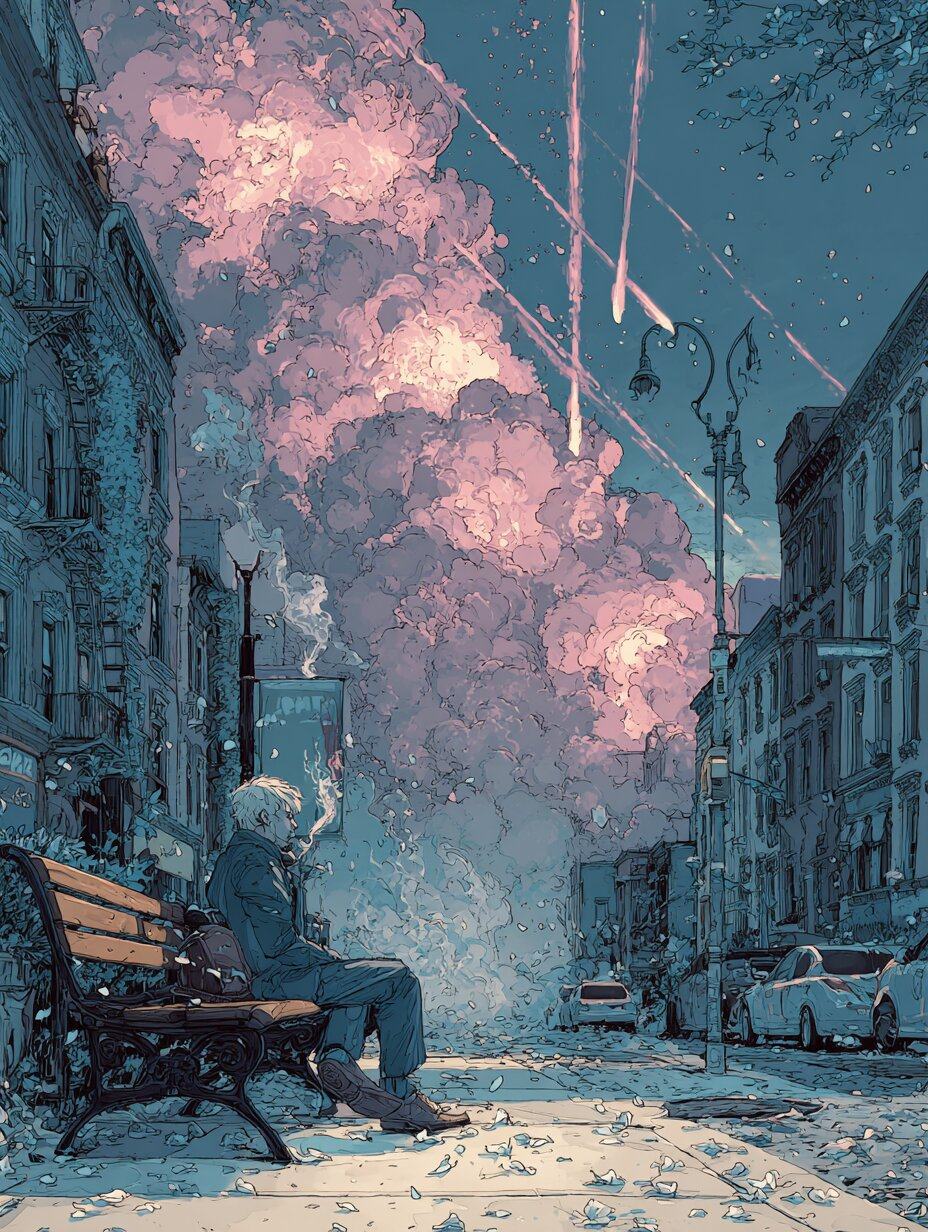 A white haired man sits smoking on a street bench between rows of old houses, a great pink cloud piling up at the end of the street and streaks falling across the sky.