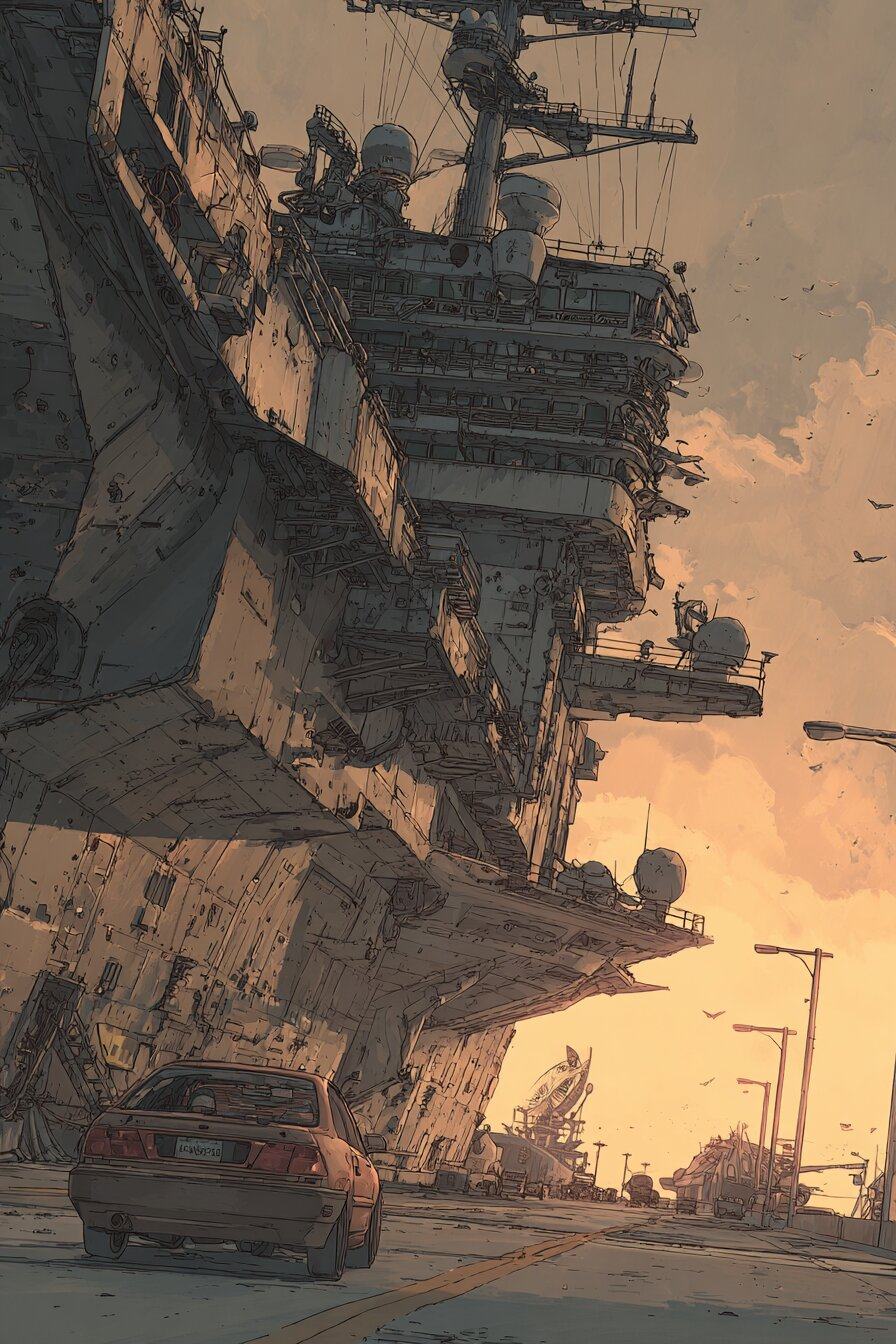 A rust red car drives under the overhanging hull and tower of an enormous grey warship moored beside the road, birds in a yellow evening sky.