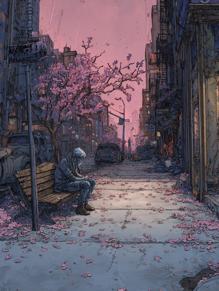 A lone figure sits on a bench on an empty city street at dawn, pink blossom petals scattered on the pavement.