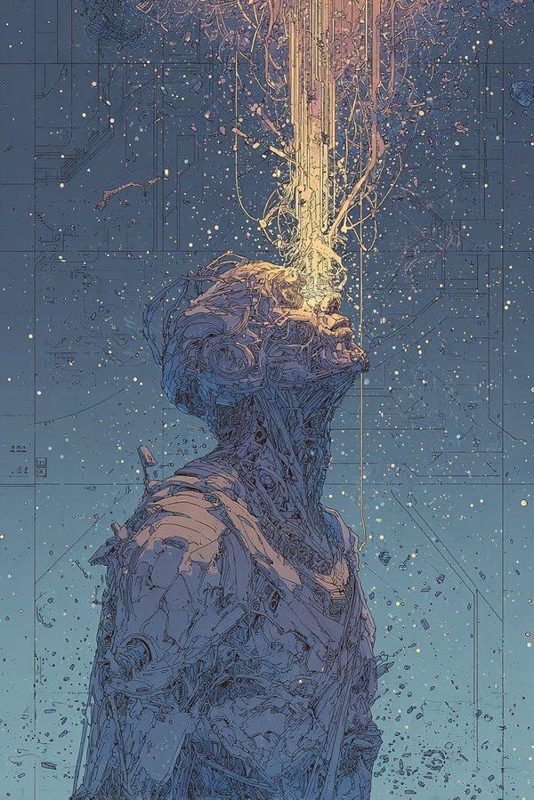 A figure dissolving into particles, a thread of golden light rising from the crown of the head.