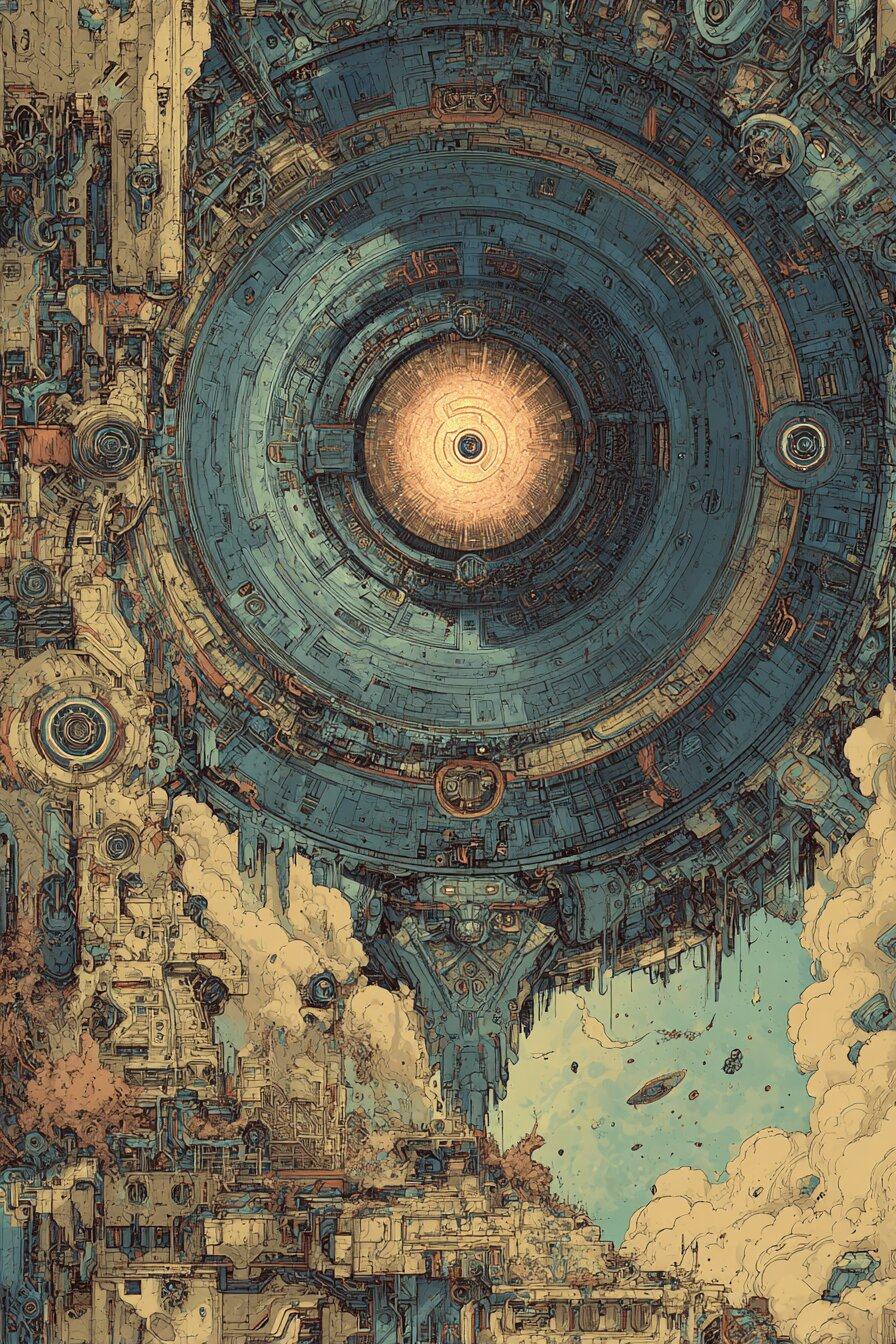 A vast circular machine like a great eye hangs over a crumbling golden city.