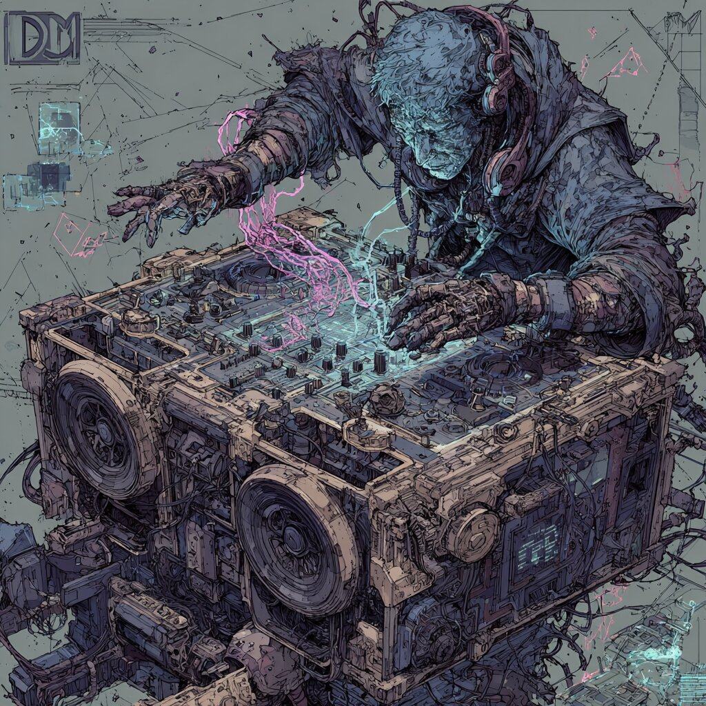 A hooded, blue skinned figure in headphones bends over a bulky machine of speakers and mixer knobs, pink and cyan sparks curling from under his fingers.