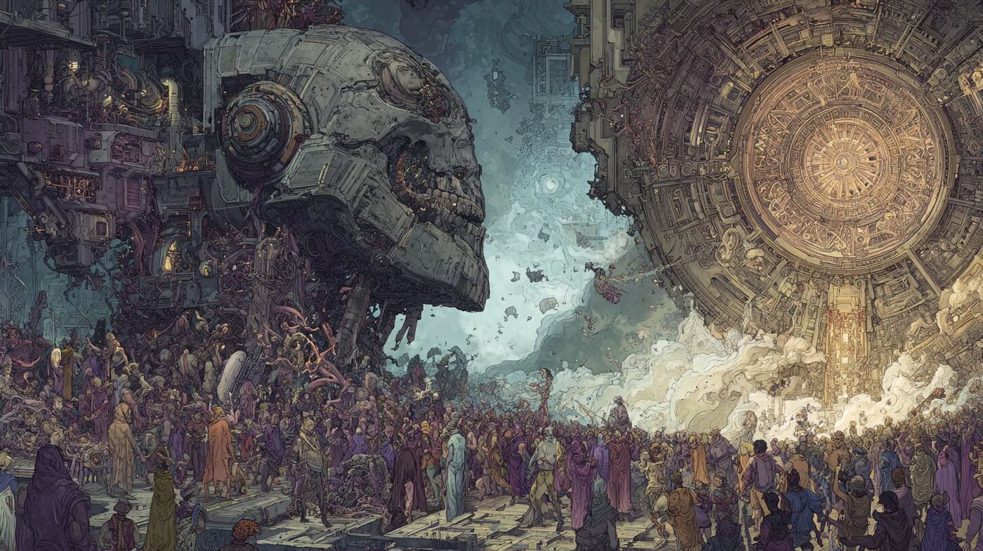 A giant metal head and a huge ornate disc face each other above a dense crowd of people.