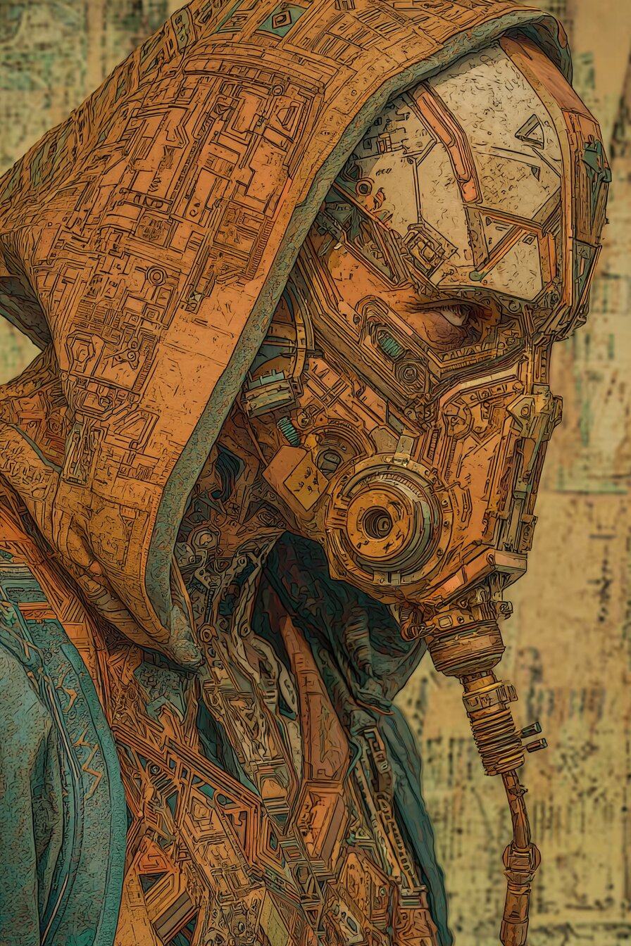 A hooded figure in profile wears a mask of copper plates and circuitry that covers the whole face, a breathing hose hanging from the mouthpiece.