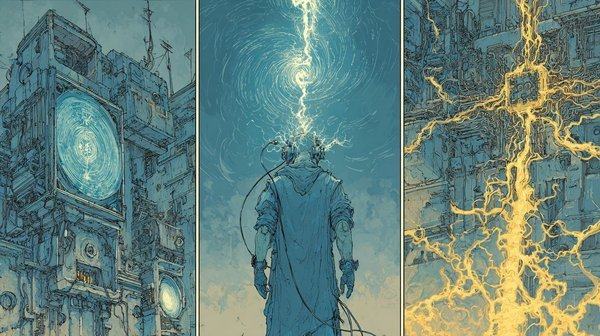 Three panels: a clockwork tower, a robed figure under a bolt of light, and yellow lightning branching like roots.
