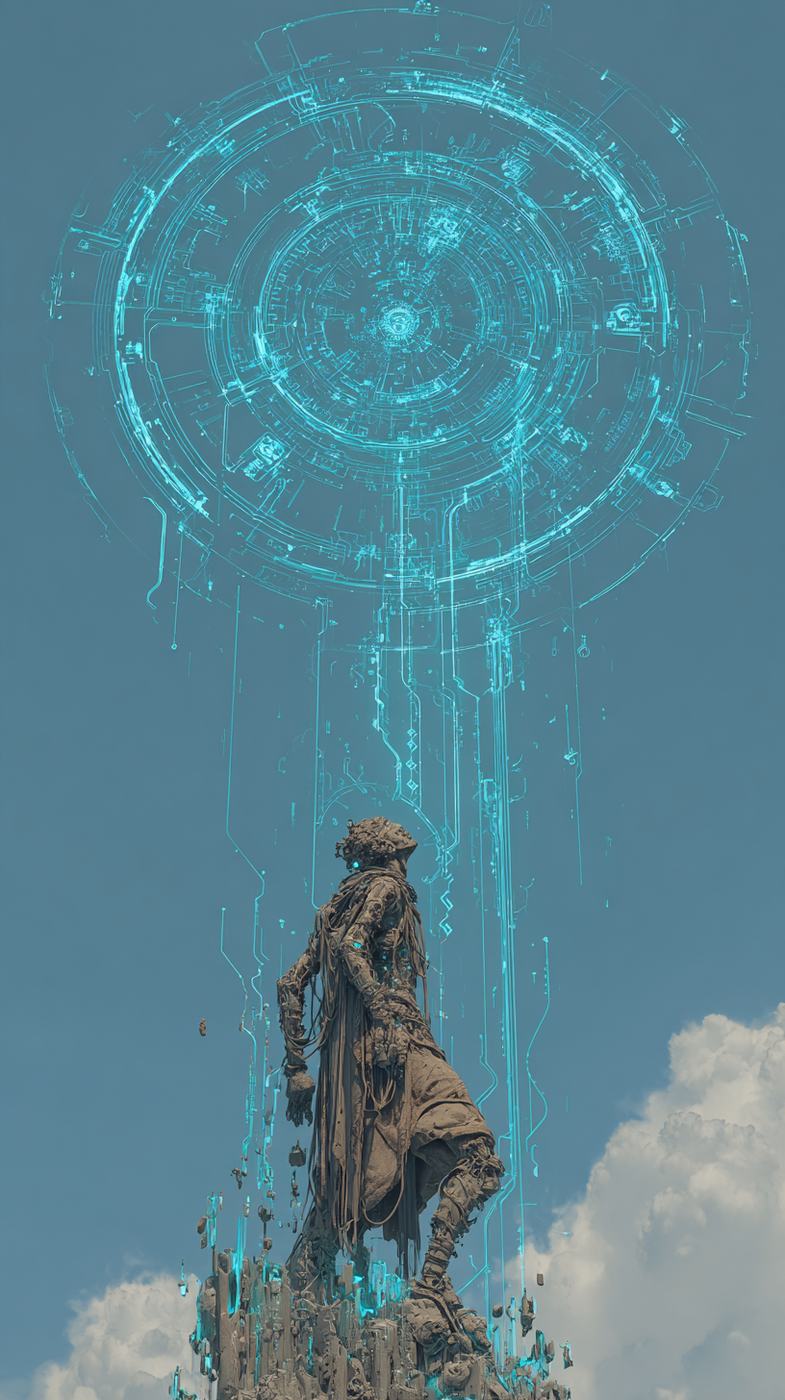 A ragged figure stands on a pinnacle of rock looking up at a huge glowing cyan circuit disc in the blue sky, threads of light running down from it.