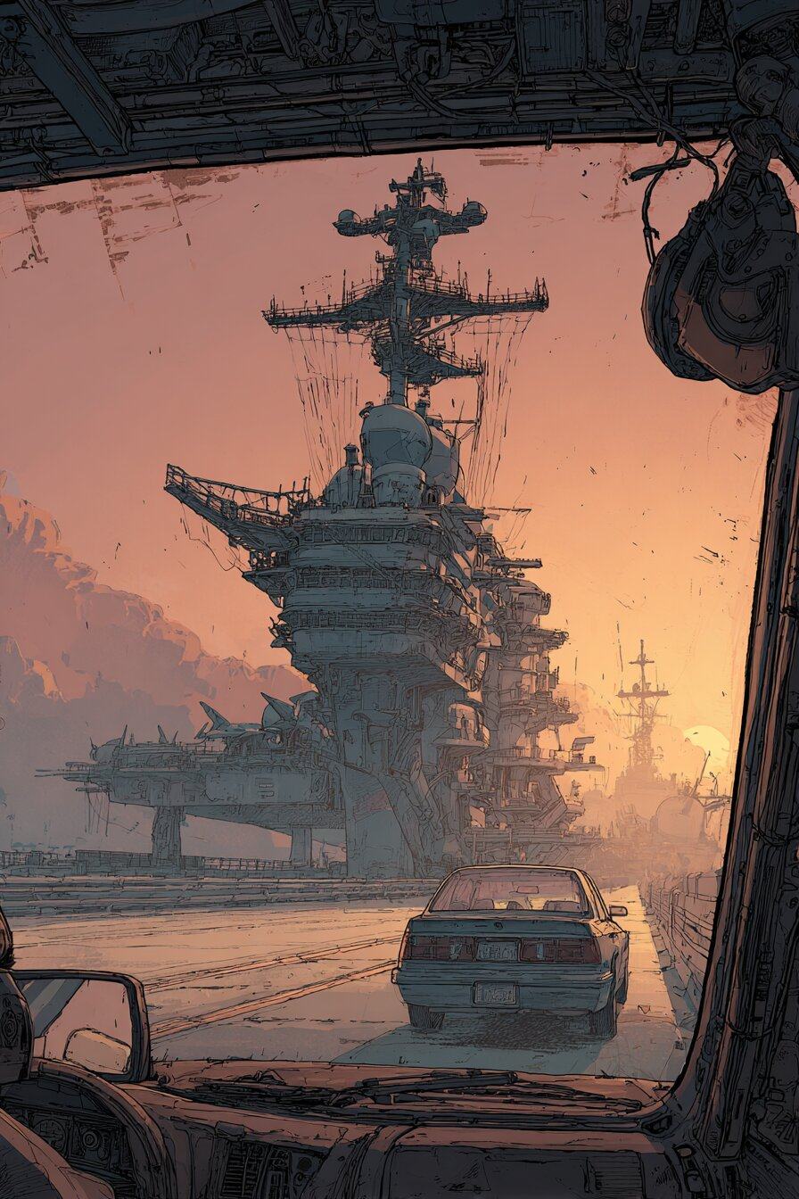Through a car windscreen at dawn, a grey warship towers beside an empty road with one car ahead.