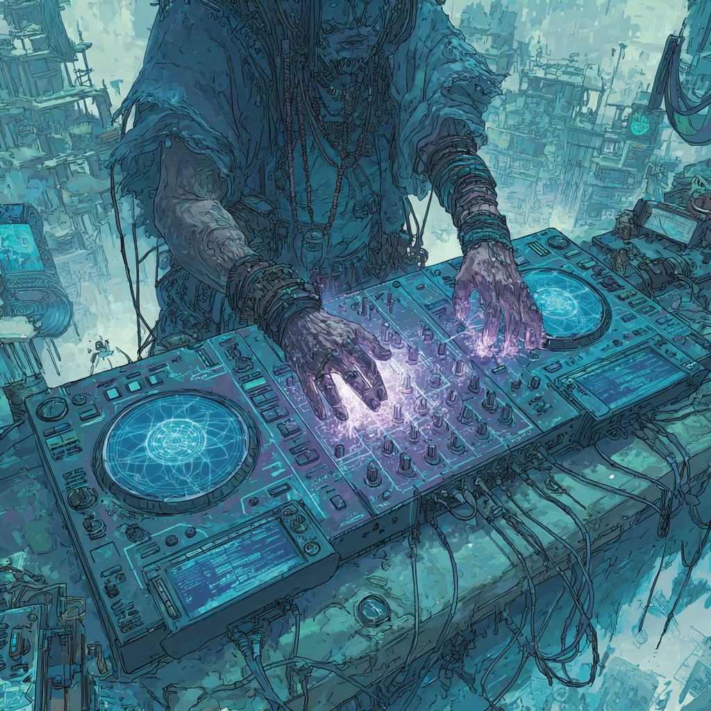 Two heavily ringed and bangled hands spread over a DJ mixer between two decks, violet sparks crackling from the fingertips, a ruined city in blue haze behind.
