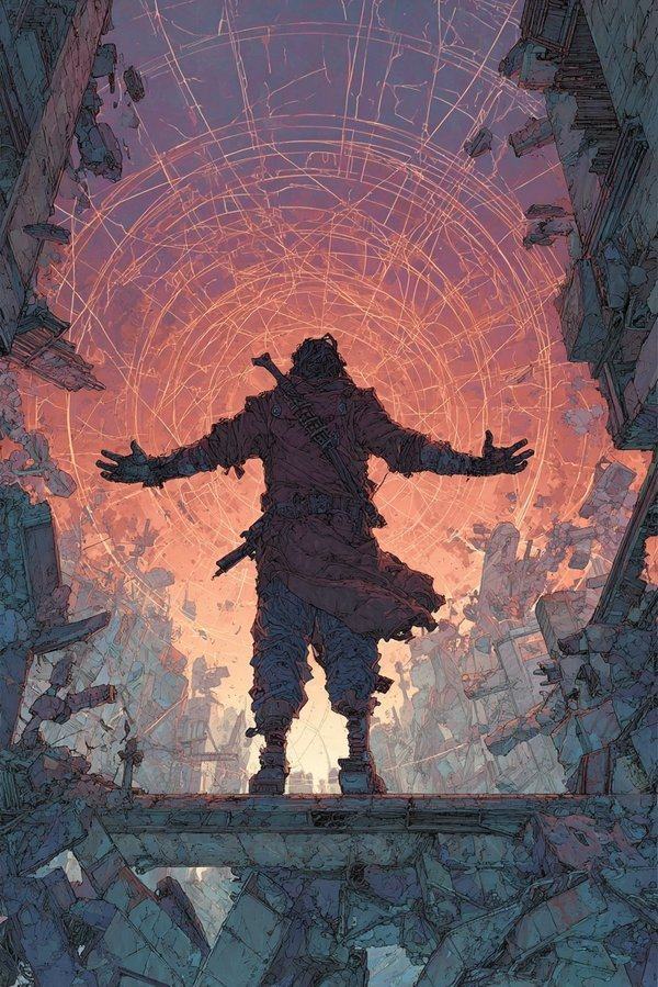 A figure with arms spread wide stands silhouetted before a spiral of red and violet rings.