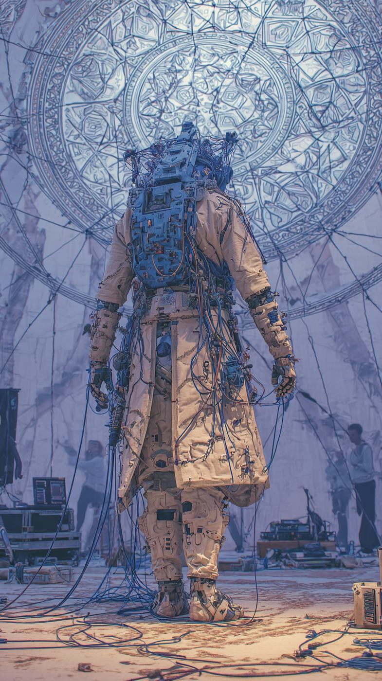 Seen from behind, a figure in a long pale coat with a machine for a head and back stands wired by dozens of cables under a great patterned dome, stage gear and a few people in the haze beyond.