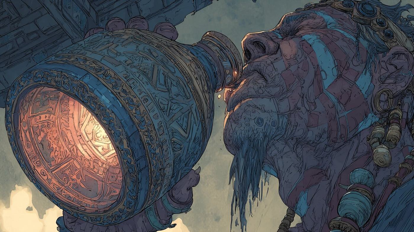 Seen close from below, an old man with a painted face and a thin beard puts his lips to the mouth of a large carved vessel glowing orange inside.