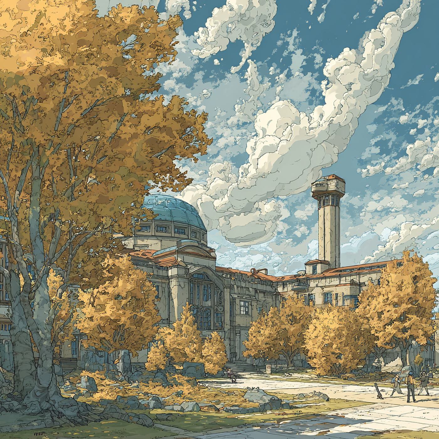 A domed university building and a tower stand among golden autumn trees under a sky of big white clouds.
