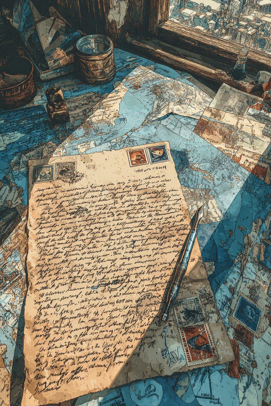 A handwritten letter lies among maps and stamped envelopes on a desk by a window.