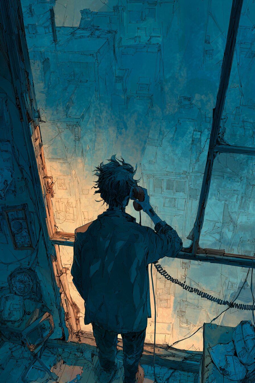 A young man stands at a tall window with a corded telephone to his ear, a dark shape against the blue evening.