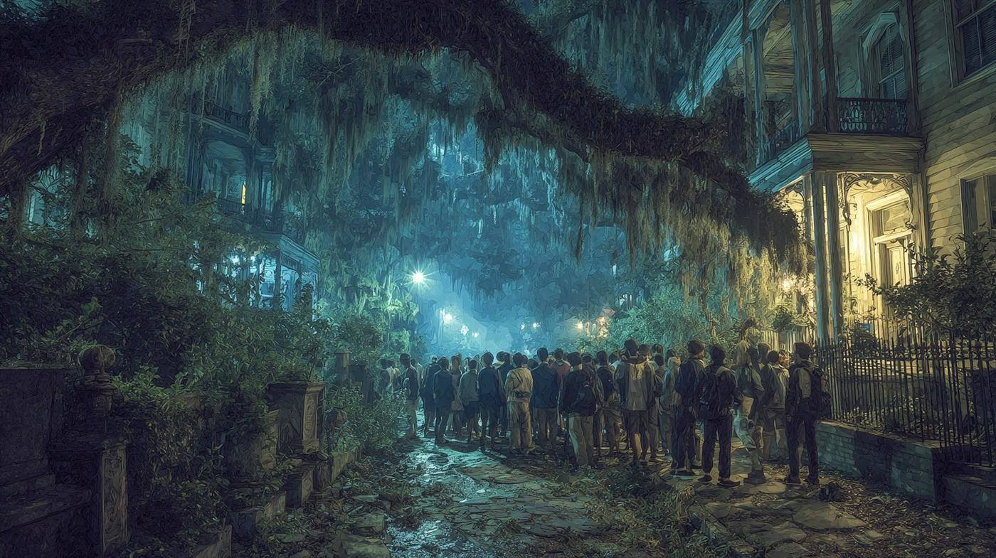 A crowd of young people seen from behind fills a wet stone street at night under huge oaks hung with moss, a lit mansion porch to one side and blue lamplight ahead.