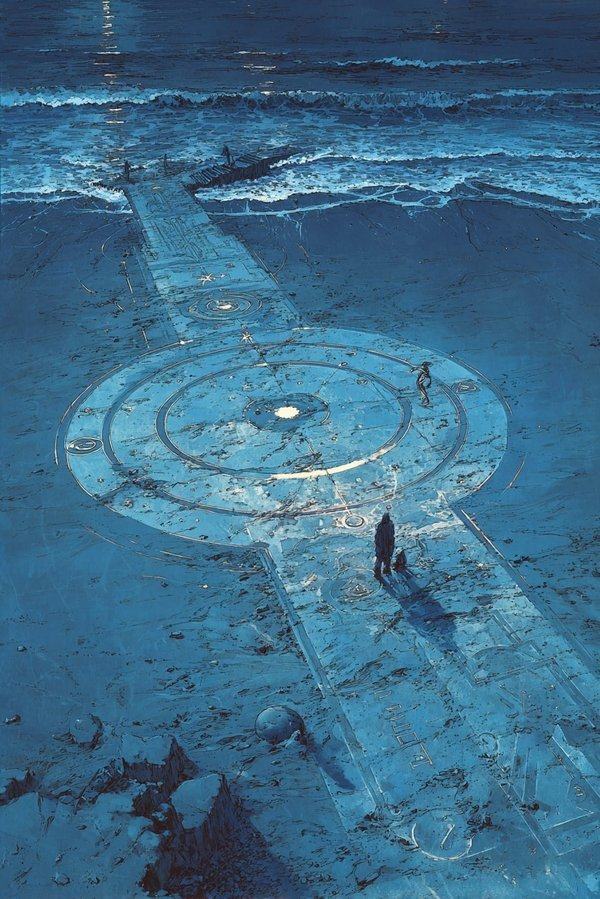 Seen from above, a lone figure stands at the edge of rippling rings spreading across dark blue water.