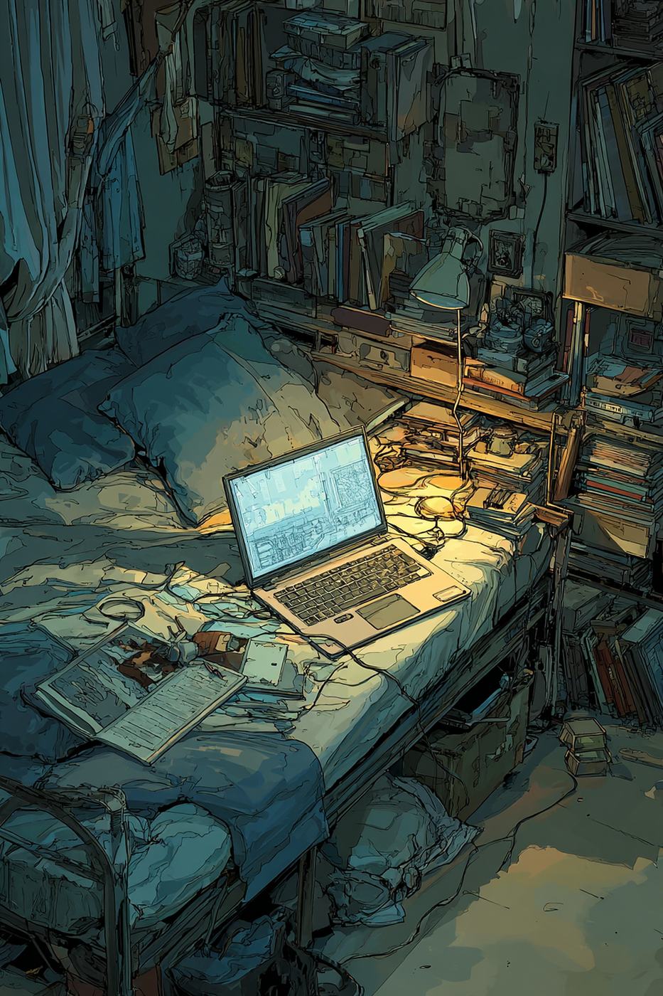 An open laptop glows on an unmade bed in a dark room crowded with books and papers.