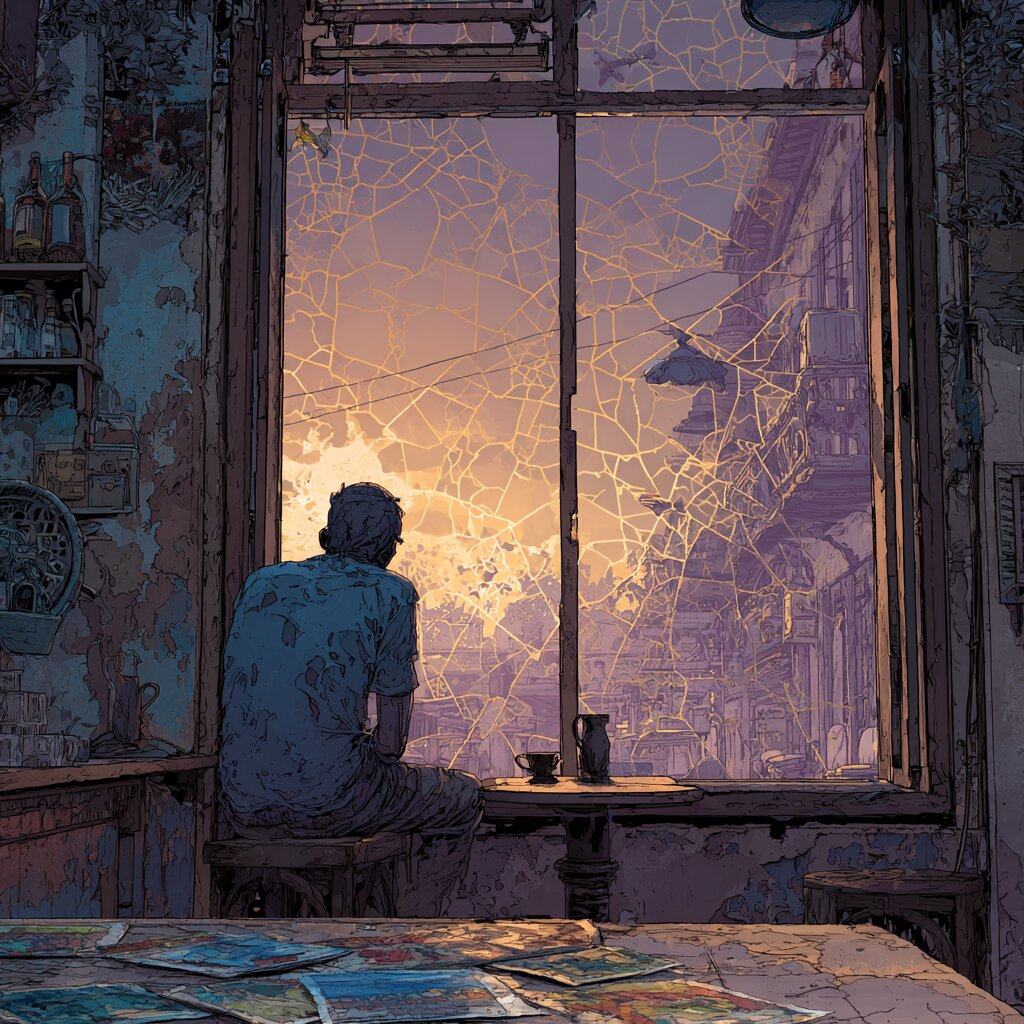 A young man sits alone at a cafe table before a large cracked window, maps spread on the table in front, looking out at a violet evening city.