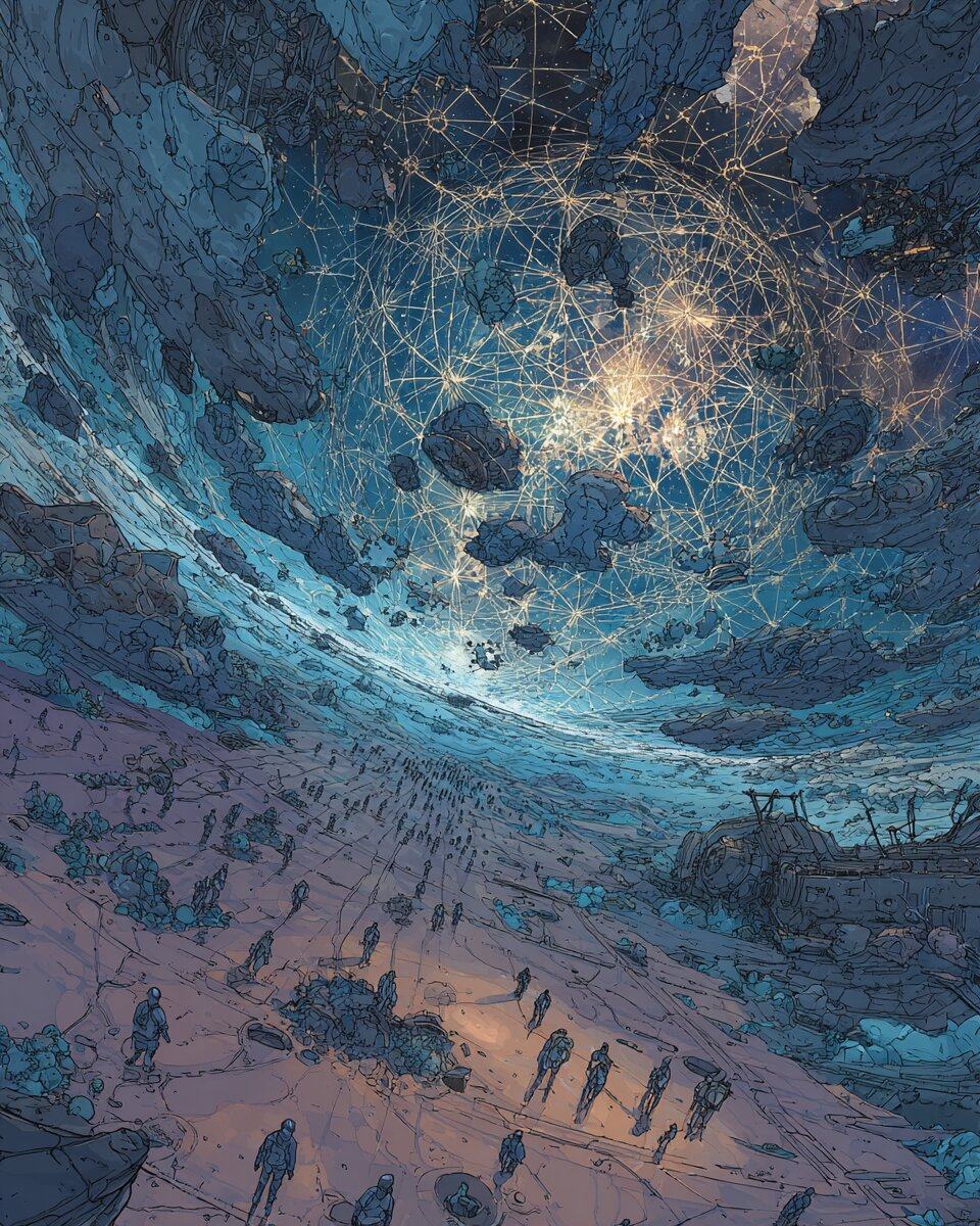 Tiny figures cross a dark plain beneath a vast curved sky threaded with a glowing web of lines.